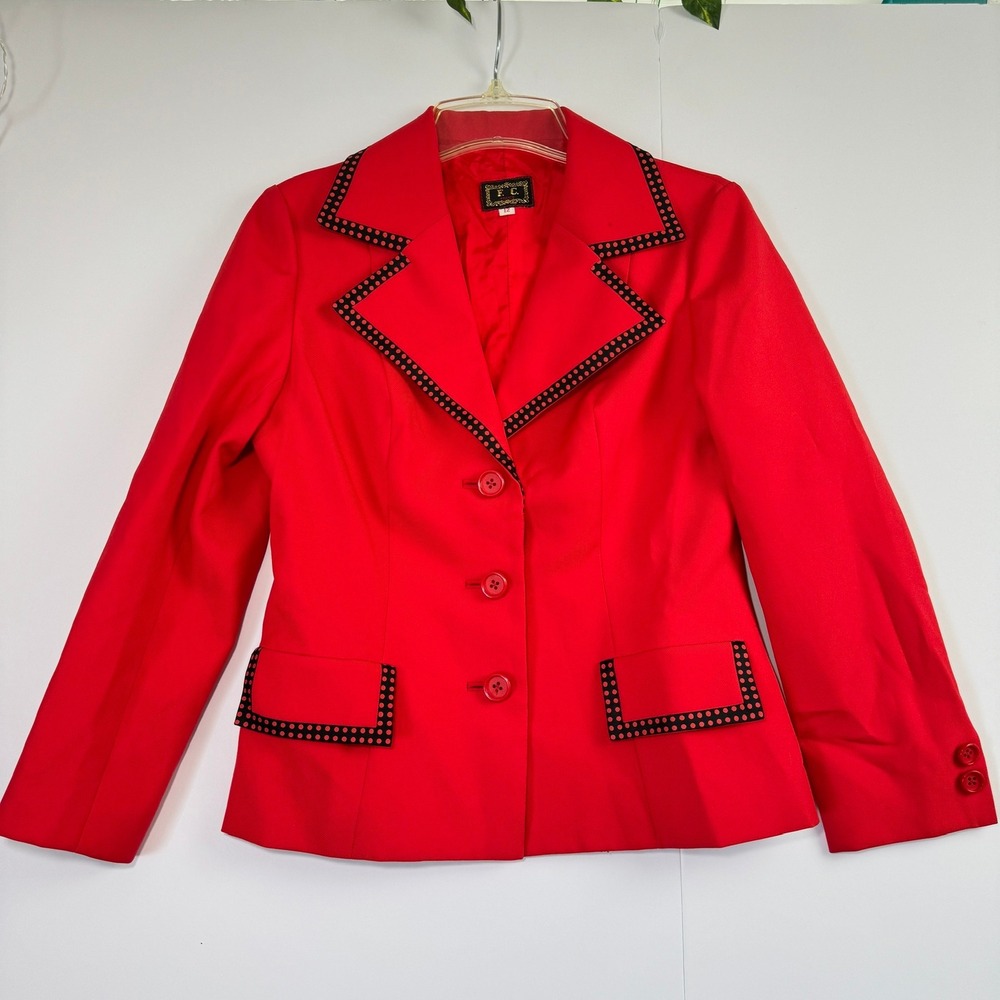 F.C. France Red Blazer Polka Dot Trim Button Front Jacket Size 12